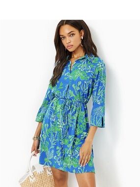 Lilly Pulitzer UPF 50+ Dress in “Briny Blue a Bit Salty” Print Sz L NWOT